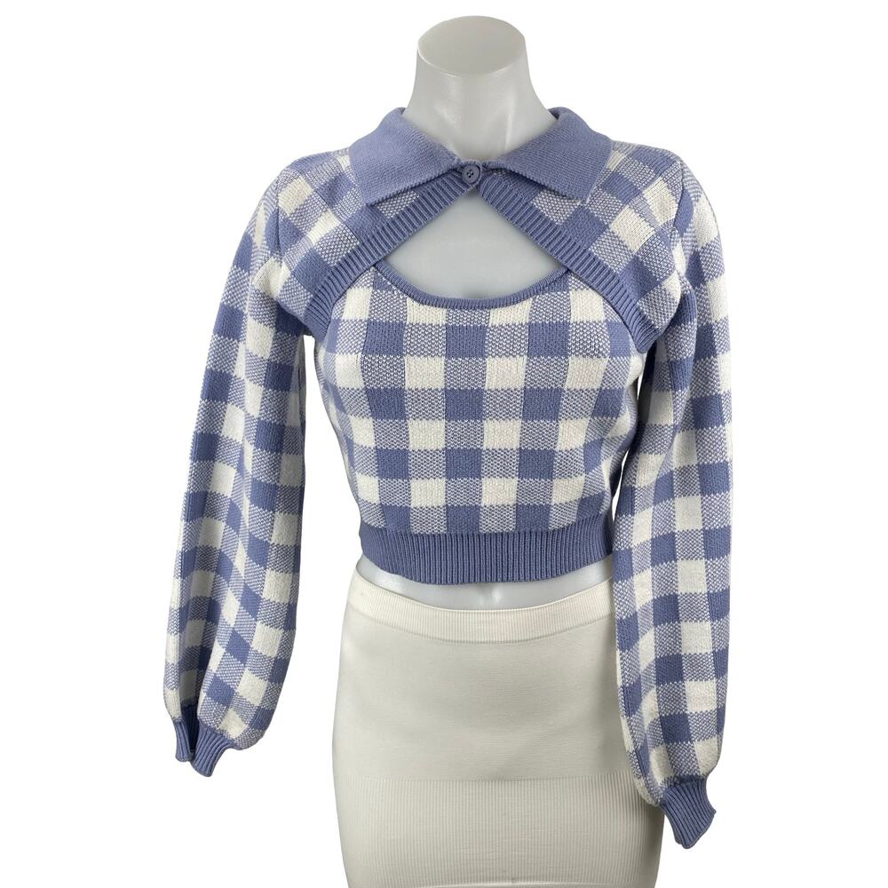 Lola May Women's Blue Gingham Check Long Sleeve Knit Cropped Sweater Top Size 8